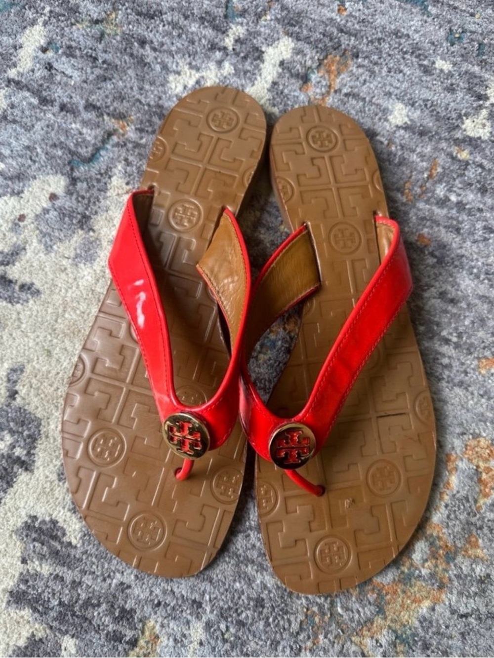 Tory Burch Red Patent Leather Logo Thong Sandals